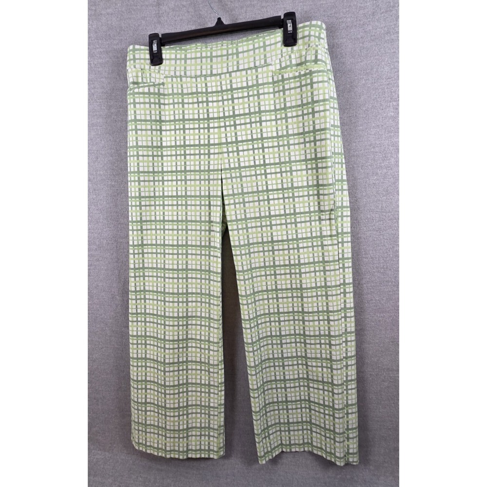 Chicos 2 Womens 12 Perfect Stretch Green Plaid Capri Crop Pants Wide Leg Retro